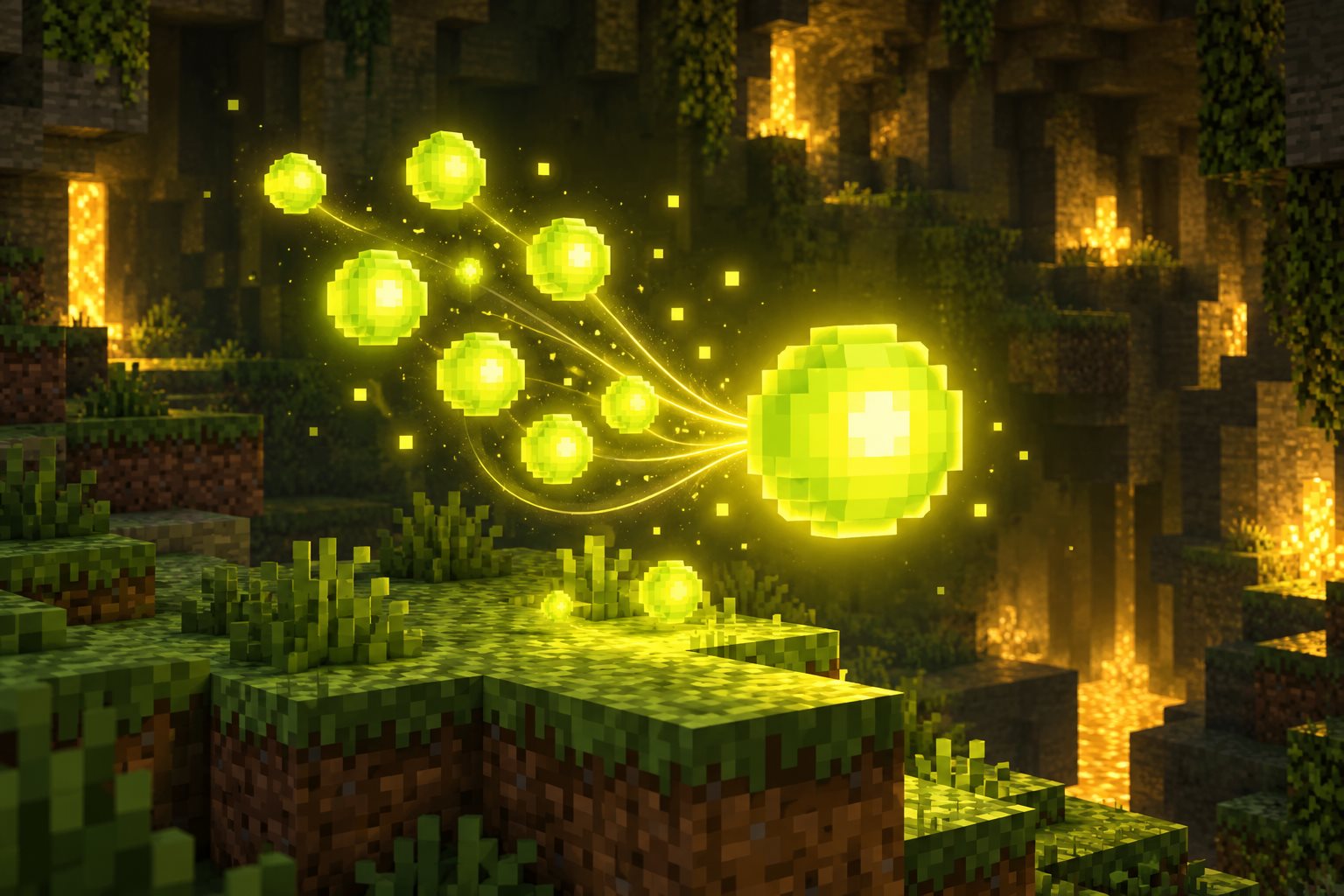 Glowing voxel experience orbs merging above grassy blocks