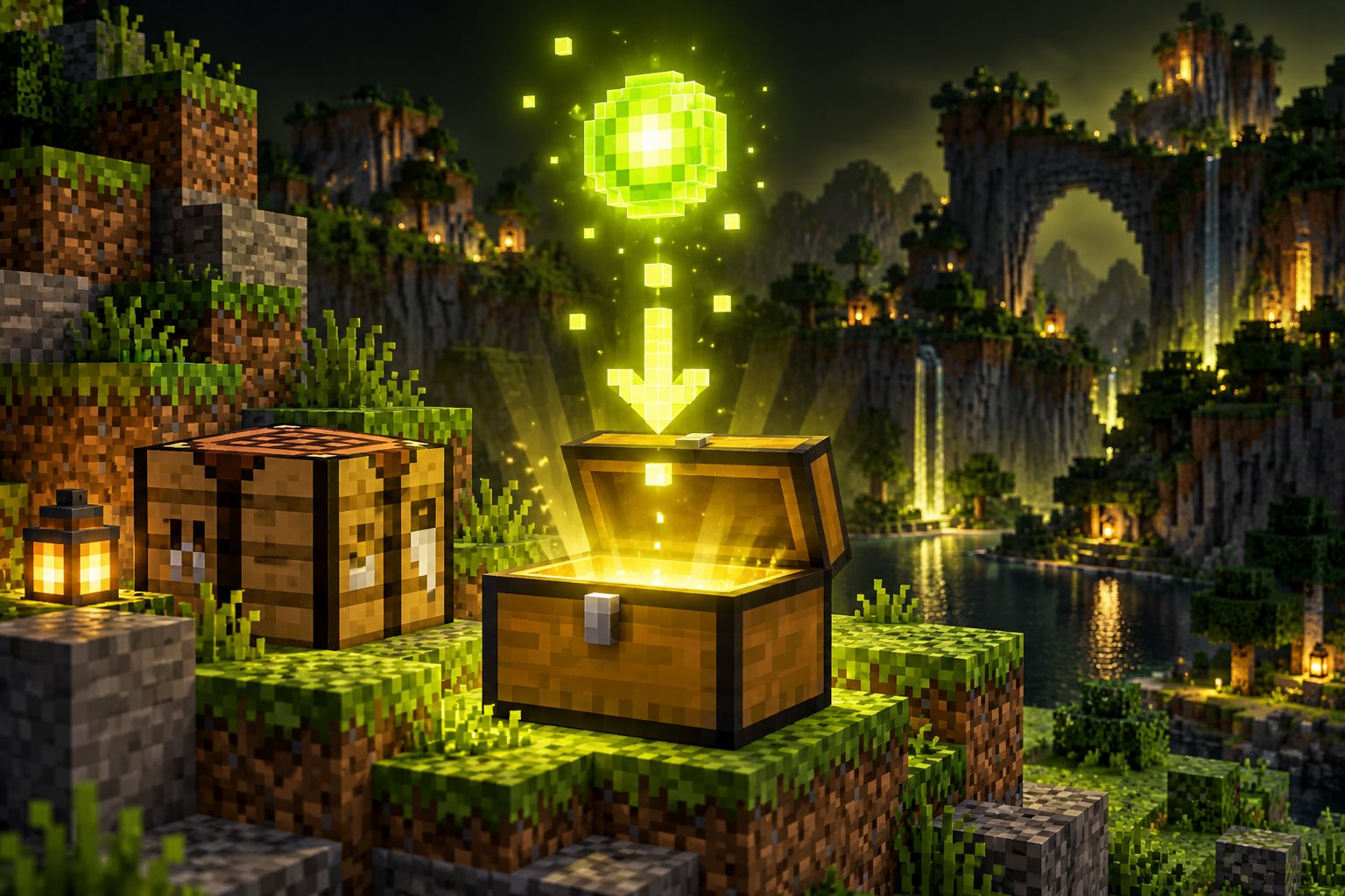 Glowing experience orb and download arrow above a voxel chest