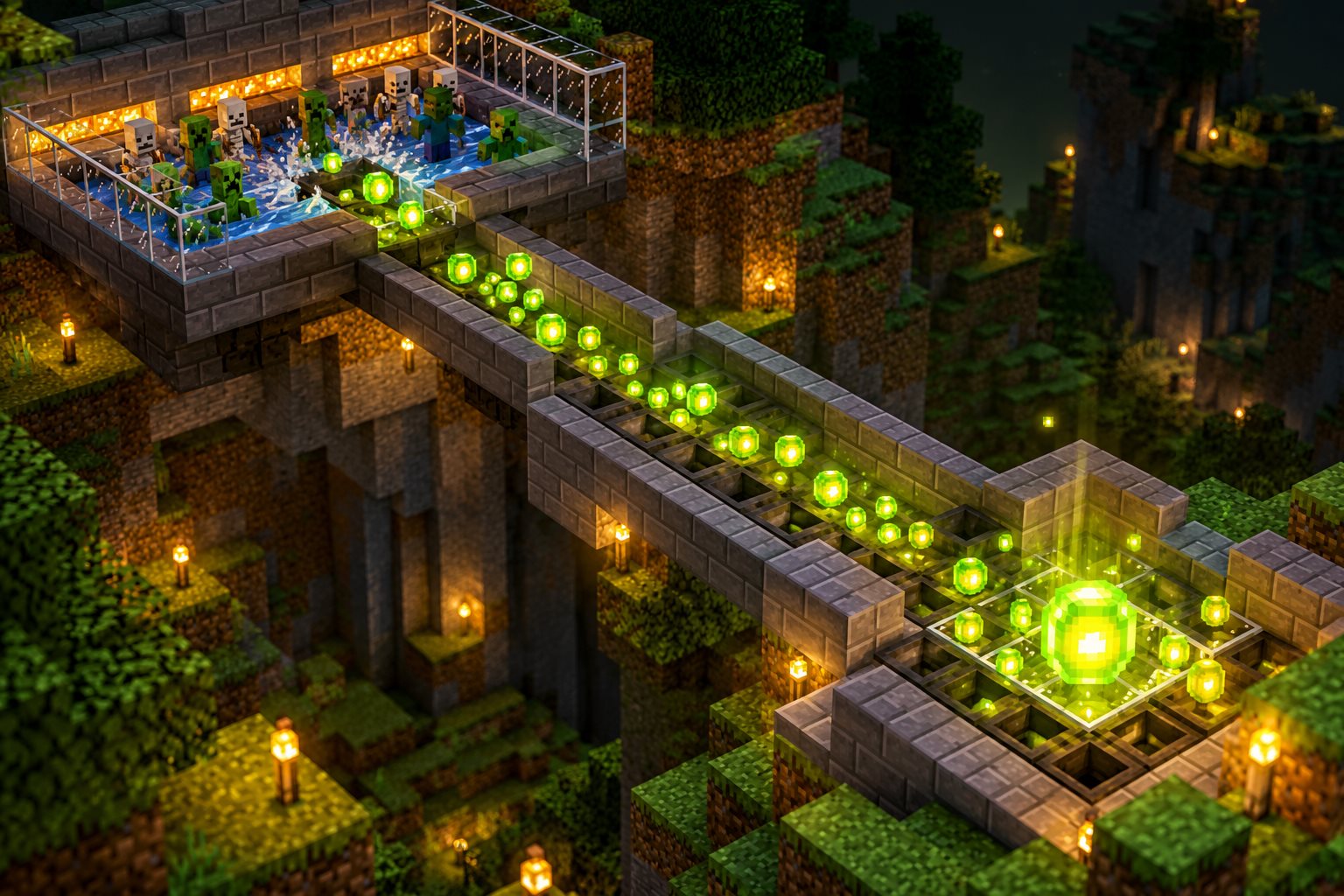 Glowing experience orbs moving through a voxel farm channel