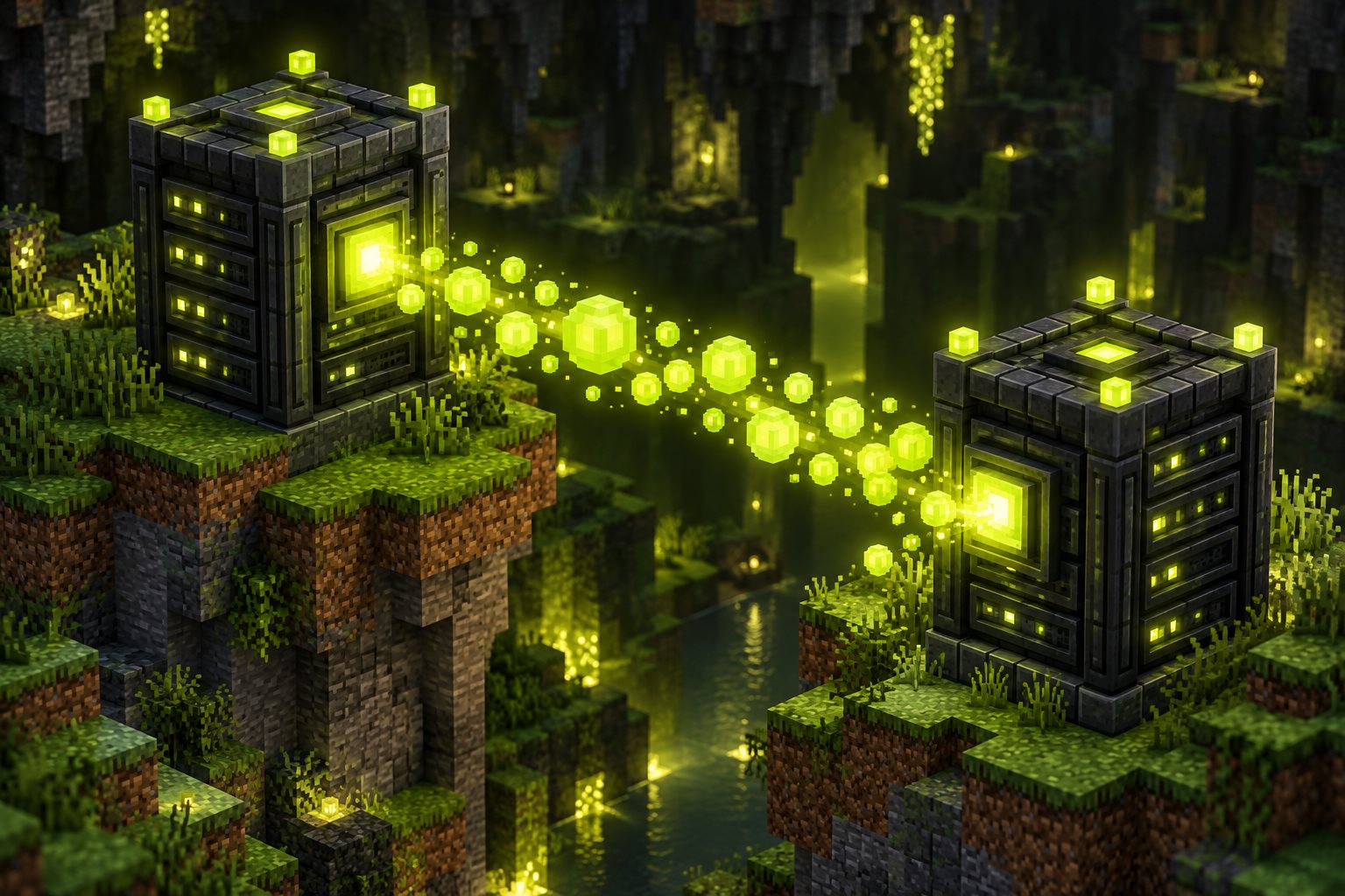 Voxel servers connected by a stream of glowing experience orbs